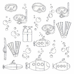 Scuba Diving Gear and Submarine Illustration Set. © Untung