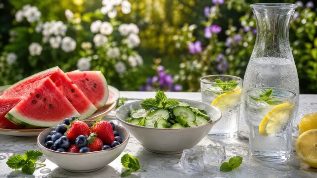 Erfrischende Lebensmittel und kalte Getr&auml;nke bei Hitzewelle: Wassermelone, Beeren, Gurkensalat und Zitronenwasser sorgen im sommerlichen Garten f&uuml;r Abk&uuml;hlung und Fl&uuml;ssigkeit.