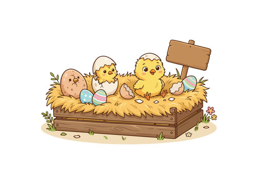 Cute cartoon chicks hatching from eggs in a wooden box on straw Easter nest
