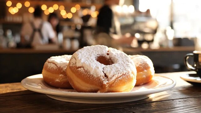 Close-up of three fresh donuts dusted with white powdered sugar served on a round white ceramic plate atop a wooden table in a cozy cafe setting with warm indoor lighting.