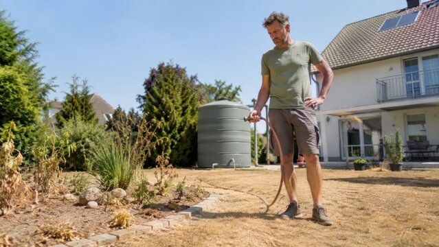 Mann steht mit Gartenschlauch vor vertrocknetem Rasen und d&uuml;rren Pflanzen. Hitzewelle, Wassermangel und anhaltende Trockenheit verursachen schwere Sch&auml;den im heimischen Garten.