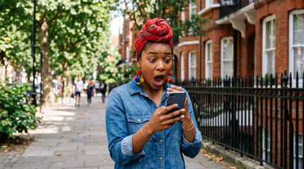 Fototapeta premium A young Black woman with a red headwrap looks shocked while checking her phone on a city sidewalk.