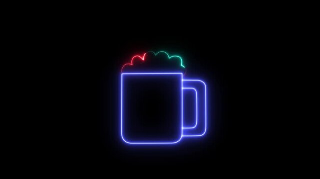 Luminous Beer Mug Neon Sign 4k Animation, Foamy Drink Glass Outline line animated on Dark Background . Modern Bar Beverage Icon, Seamless Looping animation video