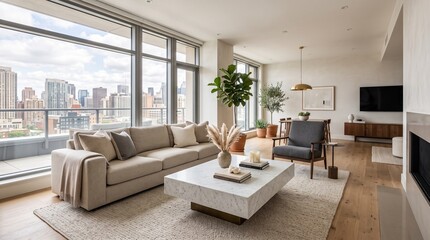 Fototapeta premium Modern Minimalist Living Room with Panoramic City Skyline Windows