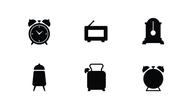 Vintage household appliances and clocks black icons set