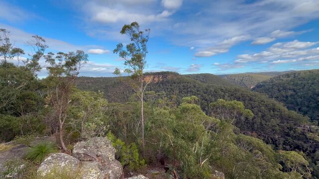 Footage of the picturesque Glenbrook Gorge and surrounding hills and forestry as seen from Martins Lookout in Springwood in the Blue Mountains in New South Wales, Australia