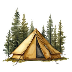 Camping Tent Summer Forest, vibrant painting vector in watercolor style with playful brushwork and lively colors, isolated on a white background. © nuvex