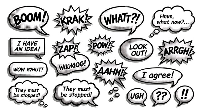 Collection of speech and thought bubbles with text