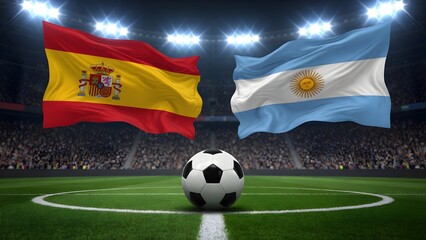Fototapeta premium Soccer ball on grass field with flags of spain and argentina waving in a stadium arena