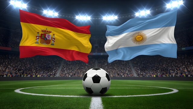 Soccer ball on grass field with flags of spain and argentina waving in a stadium arena