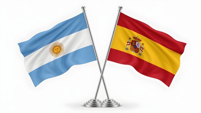 Crossed flags of argentina and spain on metal stands isolated on a plain white background