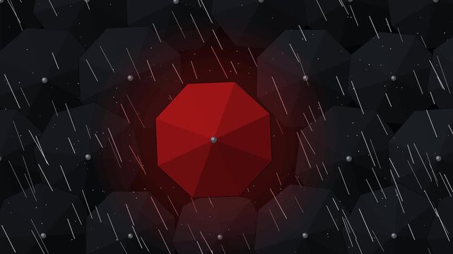 Bright red umbrella standing out among black umbrellas animation footage