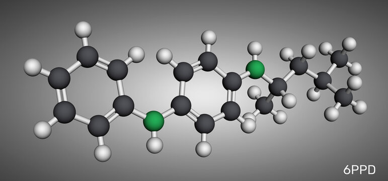 6PPD molecule. Chemical structure of the organic rubber antioxidant, tire stabilizer and precursor of toxic environmental pollutants. Molecular model. 3D render