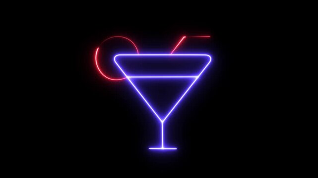 Futuristic Cocktail Outline and Electric Neon Martini Glass with Citrus Accent and Straw, Luminous Nightlife Beverage Icon animated on a Black Background . The motion video Seamless 4K Loop Animation