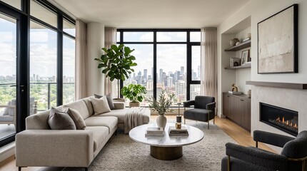 Fototapeta premium Modern Luxury Living Room with Fireplace and Panoramic Urban Vista