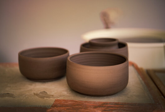 Fresh pottery in a studio