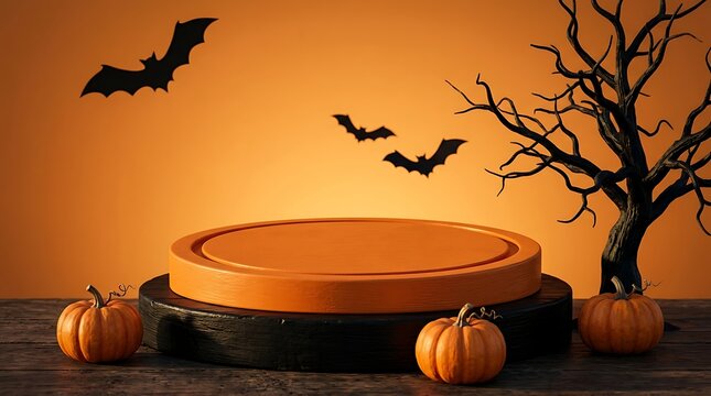 Halloween podium backdrop with empty orange round stage, spooky bare tree, flying bats silhouettes and small pumpkins on wooden surface