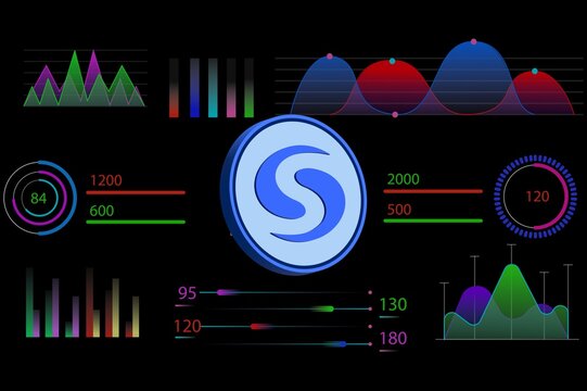 syscoin-sys cryptocurrency images on digital background. 3d illustration.