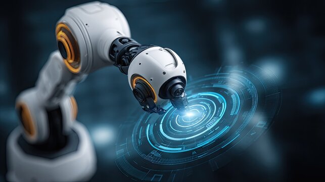 Industrial robotic arm interacting with blue holographic interface.