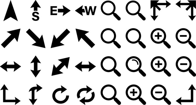 Comprehensive vector icon set featuring essential web navigation arrows interface direction indicators and magnifying glass search symbols
