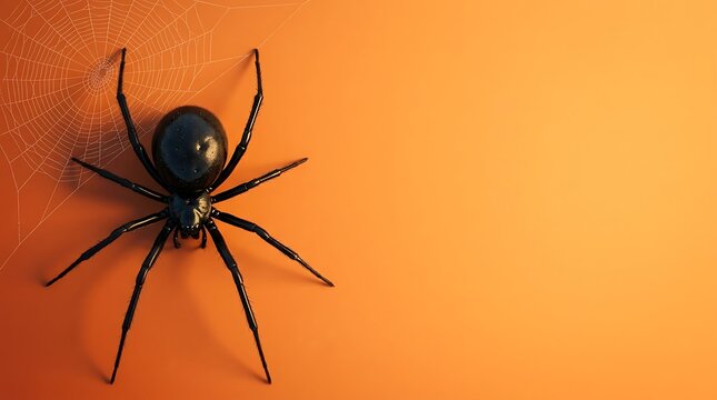 Black widow spider background with realistic big black spider, white spiderweb and empty copy space on orange surface