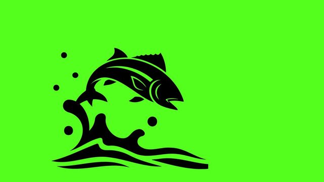 Animated black fish silhouettes jumping out of water waves isolated on bright green background clip.