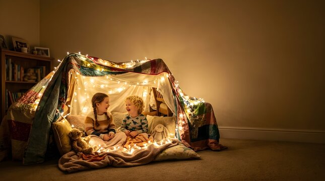 Two happy children playing inside a blanket fort lit by fairy lights at home