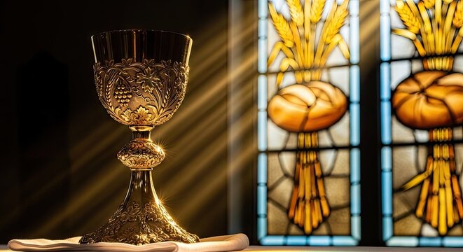 Holy golden chalice against stained glass wheat and bread.