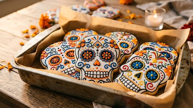 Day of the Dead sugar skull cookies with colorful royal icing details, metal baking tray with parchment paper and glowing candle on wooden table background