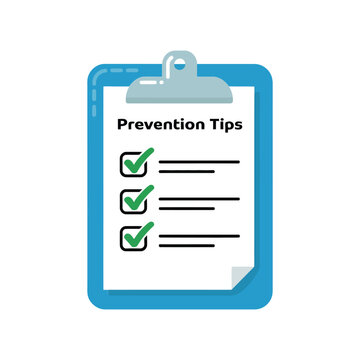 Blue clipboard with a white paper sheet titled prevention tips featuring three green checkmarks and black lines for health and safety checklists