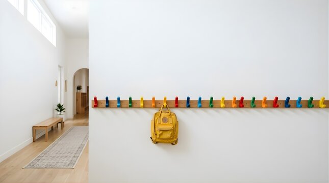 Yellow backpack hanging on a colorful wooden coat rack in a white hallway