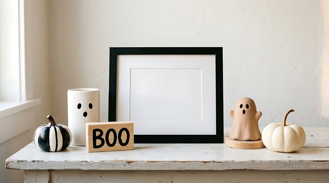 Halloween frame mockup with blank black picture frame, cute ghost figurines, white pumpkin and wooden boo sign on rustic table
