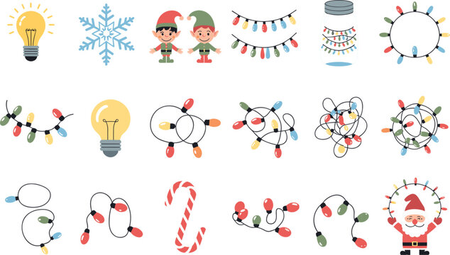 Christmas string light and holiday celebration decoration icon set, cute cartoon elf Santa vector illustration