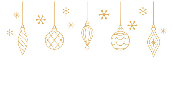Elegant Christmas ornament border with hanging baubles and delicate snowflakes in minimalist gold line art, festive holiday decoration frame for greeting cards, invitations and banners.
