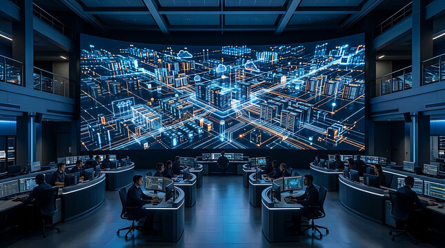 Wide angle interior view of a futuristic cybersecurity command center with personnel at workstations facing a giant curved screen displaying a digital network city AI Generated Illustration
