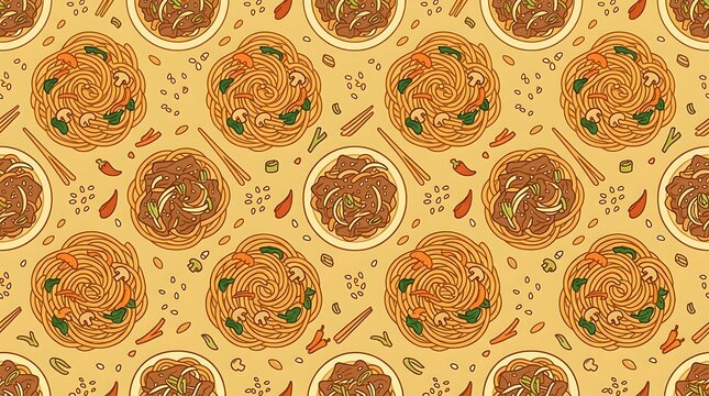 Seamless pattern of stir fry noodles with vegetables and beef