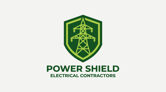 An electrical contractor's logo featuring a shield with a power tower is displayed prominently.