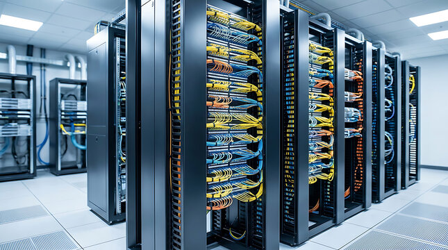 Angled corridor perspective of aligned telecommunications server cabinets with dense yellow and blue structured cabling in a modern IT data center facility AI Generated Illustration