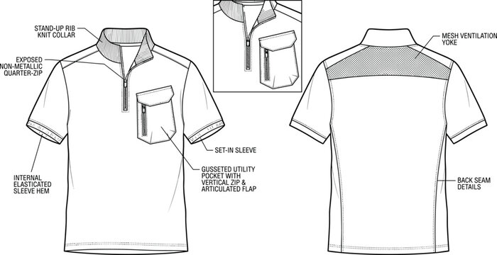 Men active tech polo shirt fashion technical sketch vector illustration featuring mesh ventilation yoke and utility pocket detailing