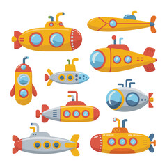 Obraz premium Collection of cute cartoon submarines in various shapes and colors isolated on white background, for children projects, and educational games