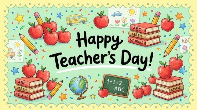 Happy teacher's day watercolor illustration with apples books and school supplies
