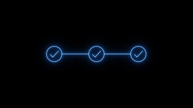 Blue neon check mark circles glow intensely on a black screen. Account verification confirmation stands out brightly on this secure app layout. The check mark circles blink.