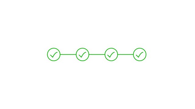 Green check mark circles connect together across a white screen. Successful milestone verification is represented by these vector link icons. The check mark circles light up.