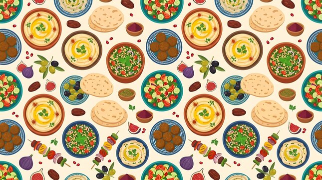 Middle eastern cuisine seamless pattern with hummus and falafel