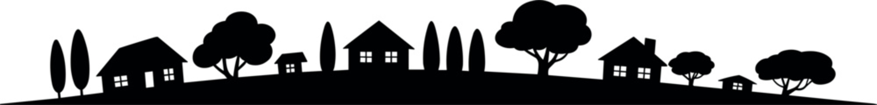 Village house and panoramic rural landscape silhouette vector illustration, countryside small town border banner design