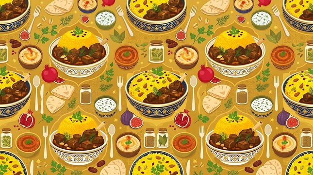 Traditional middle eastern food pattern with rice meat and spices