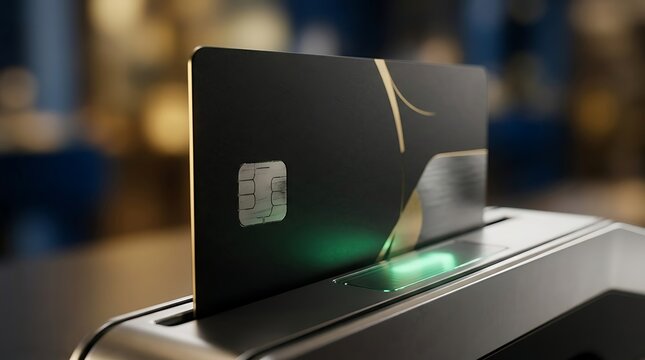 Black credit card being inserted into a payment terminal chip reader