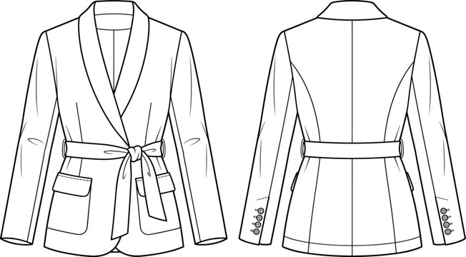 Women belted blazer jacket fashion technical sketch vector illustration featuring shawl collar design front and back view templates