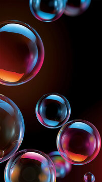 Transparent floating bubbles with soft pink and purple glow, vertical photo featuring dreamy iridescent reflections and an elegant abstract background