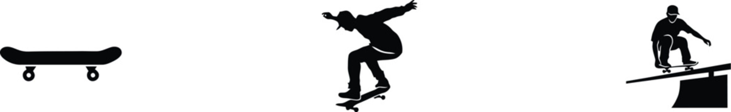 Skateboarding man performing a trick silhouette. Extreme street sport action and balance pose